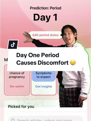 The cover image is a screenshot from an app displaying information related to a menstrual cycle and period day. The app interface shows a man in a white hoodie appearing to be filming the app. Above the man is text with the word 'Prediction: Period' and 'Day 1'. A speech bubble text overlay reads 'Day One Period Causes Discomfort' and an emoji. The man is pointing toward the right part of the screen with his right hand, and in the background is a gradient of pink and white with TikTok interface elements.
