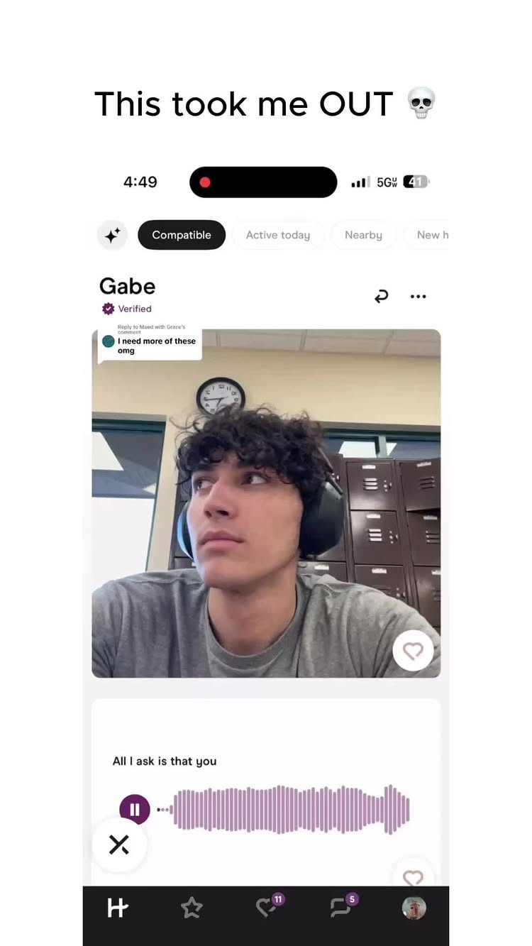 A vertical screenshot shows a dating app interface, featuring a young man looking to the side with a thoughtful expression. Above him, text reads: "This took me OUT."  The app interface includes a person's profile with a 'Verified' checkmark, along with a comment. Below, a purple sound wave graphic suggests audio is playing.