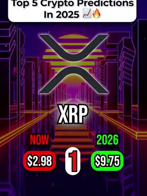 The image is a digital graphic with a futuristic aesthetic. Centered is a large XRP symbol, a cryptocurrency. Below the symbol, 'XRP' is spelled out in bold, white letters with a dark outline. Underneath the XRP text, there are two colored price tags. The one on the left shows '$2.98' in red, labeled 'NOW,' while the one on the right shows '$9.75' in green, labeled '2026.' The symbol is set against a perspective view of a neon cityscape, rendered in shades of purple and blue, suggesting a digital or futuristic theme.