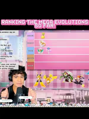 The image shows a vertical video interface, a light pink background with a ranking chart displaying Pokémon mega evolutions. A person with curly hair and a headset is centered in the lower-left corner, appearing to be presenting. The chart lists the mega evolutions, alongside a chat box with user comments. Overlay text declares "ranking the mega evolutions so far!"