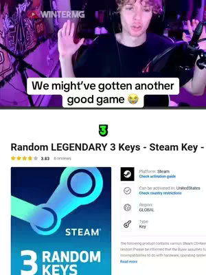 The cover image shows a young man in front of a purple and black lit background. He is looking directly at the camera and has his hands up. Below him is a screenshot of a Steam game key advertisement.