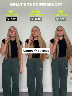 The cover image is a vertical split of three identical setups, each featuring a young woman standing in front of a white background, holding a microphone. Text overlays each section with different view numbers and corresponding hook data. The overall aesthetic is clean and informative.