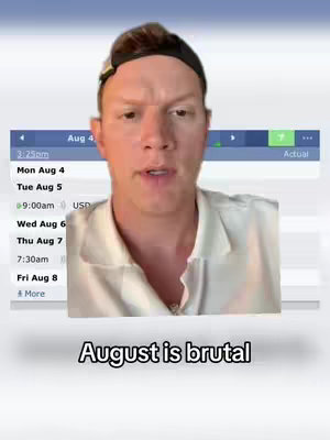 The cover image features a man speaking to the camera. Behind him, there is a screen showing a calendar view with dates, times, and what appear to be financial figures within a social media style overlay. A text overlay at the bottom reads 'August is brutal'.