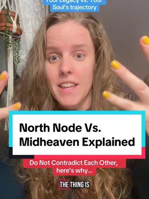 The cover image features a woman with long, wavy blonde hair, looking intently at the camera with an open, welcoming expression. The background includes soft, neutral tones with hints of a plant. Overlaid at the top is a text box that says "Your Legacy vs. Your Soul's trajectory", and a large text bar spans the bottom half of the image, with the words "North Node Vs. Midheaven Explained", and  other text. The woman's hands are raised near her face.