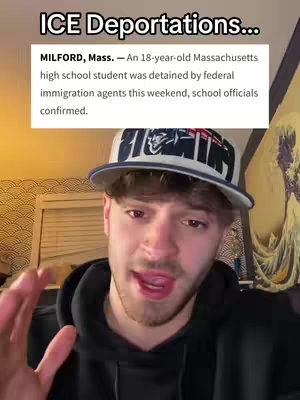 A man in a black hoodie and a baseball cap is speaking animatedly, with text about ICE deportations in the background.