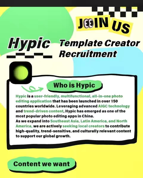 The cover image uses a vibrant color scheme with green, yellow, and black. The layout incorporates a large green bubble on the upper area with a yellow rectangular, a black background that contains the app title 'Hypic', and a description of the recruitment.
