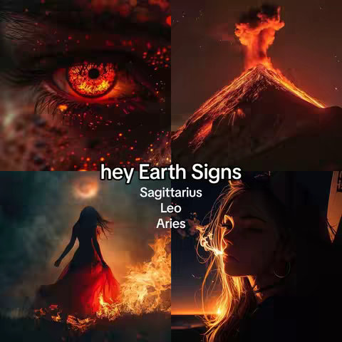 The cover image is a collage of four images with a fiery theme. The top left shows a close-up of a red eye with fiery sparks. The top right features a volcano erupting with lava. The bottom left shows a woman in a red dress standing near a fire. The bottom right shows a woman smoking with a sunset in the background. The overall color scheme is dominated by reds, oranges, and blacks, creating a dramatic and intense mood.