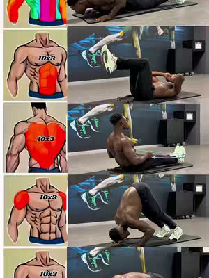 The cover image is a collage displaying workout exercises.  On the left side are illustrations of the male anatomy with colored highlighting of muscles (including ones of abs, back, and shoulders) along with numbers '10x3'. The right side are videos the creator performing exercises. It shows a black man with short hair wears mainly sports clothes inside a gym.