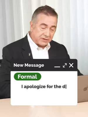 The cover image features a man in a suit, looking down as if reading on a laptop, with the screen overlay of a mock email. The email overlay says "New Message", followed by a green label "Formal" and the start of a sentence "I apologize for the d".