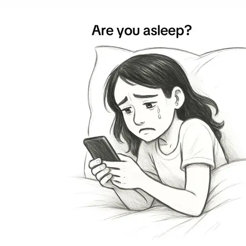 An illustrated image shows a young woman lying in bed, holding a phone. She has a sad expression with a tear rolling down her cheek. The text "Are you asleep?" is overlaid at the top.