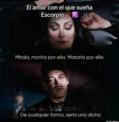 The image is a split-screen meme-style composition. The top half features an image of Morticia Addams from the Addams Family, with her eyes closed and a melancholic expression. The bottom half shows a man, likely playing Gomez Addams, looking up with a thoughtful expression. Text overlays are placed over each image, with the bottom text partially obscuring the image.