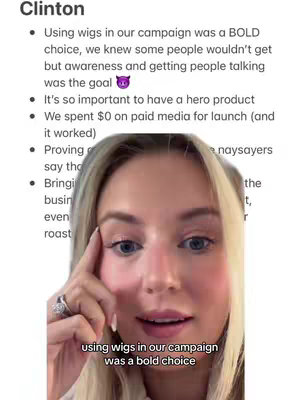 The cover image features a woman with blonde hair in the foreground, with a blurred list of bullet points in the background. The woman is looking directly at the camera with a neutral expression. The text "using wigs in our campaign was a bold choice" is overlaid at the bottom of the image.