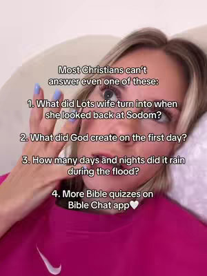 A selfie-style video cover image featuring a woman with blonde hair, in a pink shirt, positioned against a blurred background.  Overlayed on top are four trivia questions about the Bible.