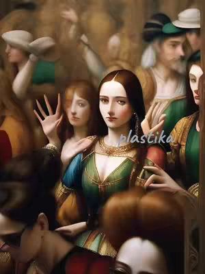 An AI-generated image showing a crowd of people in Renaissance-era clothing. A woman in the foreground looks directly at the viewer with a serious expression, and another woman in the background waves her hand. The color palette consists of muted golds, greens, and browns.