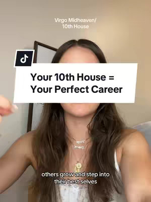 The cover image is a selfie-style shot featuring a woman with long, dark hair. She is positioned from the chest up, centered in the frame, against a light-toned background. Overlaid across her torso is a white rectangular text box. The text box contains the text "Your 10th House = Your Perfect Career" in a bold, black font. At the top left corner of the frame is a black TikTok logo. The woman is wearing a white tank top. She has two pendant necklaces and natural makeup. Behind her is a dark colored decorative element.