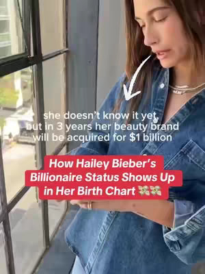 A woman in a denim jacket stands near a window, looking down. Text overlays provide information and a title about Hailey Bieber and astrology predictions.