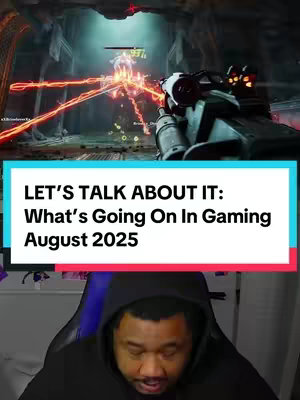 The cover image shows a split screen. The top part depicts a first-person view of a video game with a futuristic setting, featuring bright energy beams and a character being targeted at. Below this, a man with dark skin and short hair, wearing a black hoodie, is seated in what appears to be a gaming chair against a neutral background, facing the camera. A text overlay is placed in the middle.