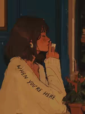 An artistic illustration of a woman in profile, resting her chin on her hand, holding a small card, with an overlay text on her sleeve.