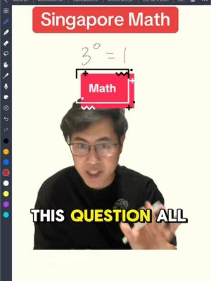 A person is standing in front of a whiteboard, using a pen to explain a math problem. Overlaid, the image has overlaid text in a red rectangular box which says 'Singapore Math' The host is male, with glasses, and dark hair. There are more labels related to math, as well text in a yellow bar at the bottom of the screen.