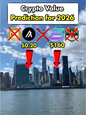 The image shows a cityscape with a body of water in the foreground and a sky filled with blue and white clouds. There is an information box at the top with the text 'Crypto Value Prediction for 2026.' Below the text are several cryptocurrency logos with red 'X' marks through them, accompanied by price predictions and red arrows pointing down towards the city.