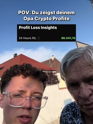 A selfie-style shot featuring a young man in glasses and an older man, likely his grandfather, with a screen displaying crypto profit information. The layout has text overlays at the top, a screen displaying profit and loss insights, and the two men in the foreground.