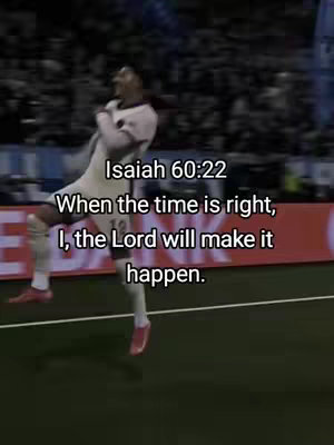 A man in a white jersey is celebrating on a green field. Text overlays read an inspirational bible verse