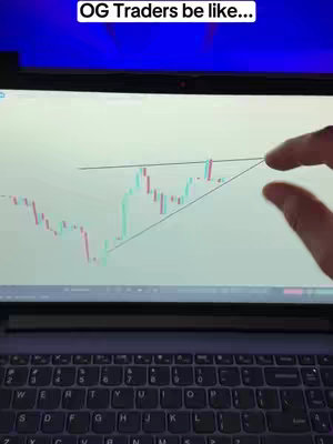 A laptop screen displaying a candlestick chart with a hand gesturing towards a technical analysis pattern, with a keyboard in the foreground, set against a dark blue backdrop. The screen shows a stock chart with green and red candlesticks forming a pattern and a hand is pointing to the pattern on the screen.