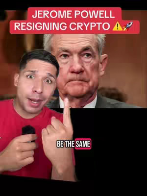 The cover image shows a split composition. On the left, a man with dark hair and a red shirt is speaking, making a gesture with his right hand towards the audience. On the right, a backdrop features a zoomed-in shot of Jerome Powell. Overlayed on the image at the top, a text box reads 'JEROME POWELL RESIGNING CRYPTO' in large, bold, red letters. Below this, a line of text states 'BE THE SAME' in white letters. The color scheme mainly utilizes red, black, and white, suggesting an emphasis on the subject's impact on the crypto market.