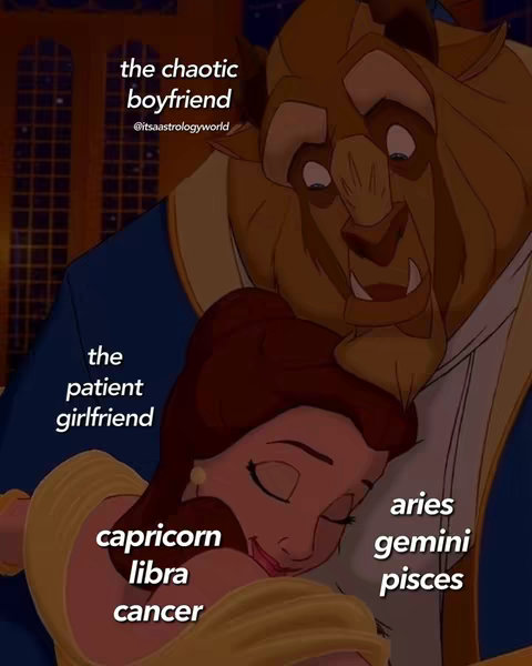 The cover image is a cartoon scene from 'Beauty and the Beast.' Belle, with closed eyes, is nestled against the Beast's shoulder. Text overlays identify characters and zodiac signs: 'The chaotic boyfriend' over the Beast, 'The patient girlfriend' and zodiac sign lists below Belle, with 'Capricorn, Libra, Cancer' and 'Aries, Gemini, Pisces,' suggesting astrology insights.