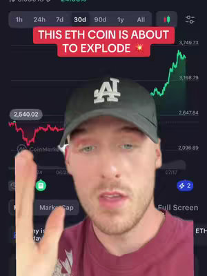 A man with a black baseball cap and maroon shirt is talking. The background has a stock price chart with a red and green line, and a red banner that says, "THIS ETH COIN IS ABOUT TO EXPLODE".