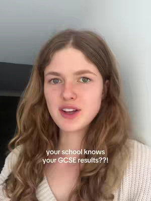 A young woman with long wavy brown hair looks directly at the camera against a plain background. Text overlayed on the image reads: "your school knows your GCSE results??!"
