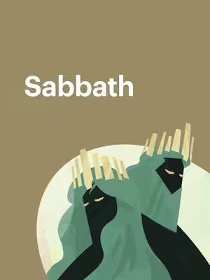 The cover image features an abstract illustration with a muted color palette. The background is a solid light brown. In the center-left, there is a white circle. On top of that are two figures dressed in flowing teal garments, their faces blacked out with closed eyes. They wear crowns. Above the figures, in white text, is the word "Sabbath".