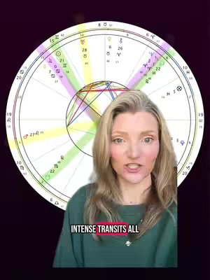 A woman is centered, facing the camera, set against a backdrop with an astrological chart. The background has a dark purple gradient, while the chart is a bright circular layout filled with symbols, lines, and colors. The woman has long blonde hair, and is wearing a green top. A text overlay is visible at the bottom.