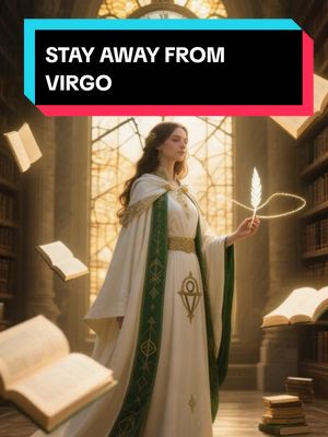 The cover image features a woman in a long white dress with green accents, standing in a grand library. Books fly around her, and a glowing feather is in her hand. Text overlayed says, “STAY AWAY FROM VIRGO”.