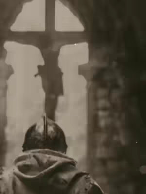 A sepia-toned image featuring the back of a Knight Templar in full armor, including a helmet, facing a large, cross-shaped window. The window frames the silhouette of a person on a crucifix. The scene is set inside a stone building, potentially a church or chapel, with aged walls and dim lighting, giving a spiritual yet somber atmosphere.