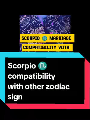 The cover image has a black background with a central rectangular section divided into colored blocks and text. At the top, a zodiac wheel background appears; text overlays feature the words "SCORPIO MARRIAGE COMPATIBILITY WITH". Below this, a turquoise area contains the zodiac sign, followed by the phrase "Scorpio compatibility with other zodiac sign". The presentation is clear and informative.