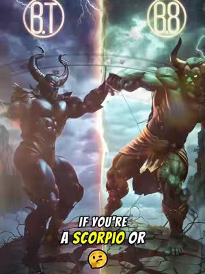 The image is split vertically into two sections. On the left, a dark-skinned, muscular figure with horns and a demonic appearance faces right. On the right, another muscular humanoid with green skin and bull-like features stands ready to fight. The background features a stormy sky with lightning. Text overlays at the top read 'BT' and 'BB' inside circles. The bottom of the image features the question 'IF YOU'RE A SCORPIO OR', and a questioning emoji.