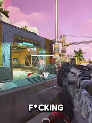 The image shows an aerial first-person shooter (FPS) game scene. The foreground is dominated by the details of a digital gun, and action scenes from the game. In the middle ground, a character in the game is highlighted. In the background, a futuristic urban environment with a violet sky is visible. The word "F*CKING" is added to the image.