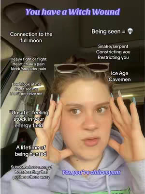 A woman in a purple hoodie is looking at the camera with her fingers gently touching her temples. Text is overlaid on the image, with white text on a purple background.