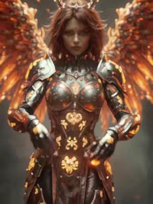 A digitally rendered image features a woman as the central figure, posed directly towards the viewer. She is clad in detailed metallic armor with intricate golden embellishments. The image is set against a dark background, which helps to accentuate the brighter colors and textures of the woman's attire and fiery wings. The woman has long auburn hair, stands with her hands clasped.