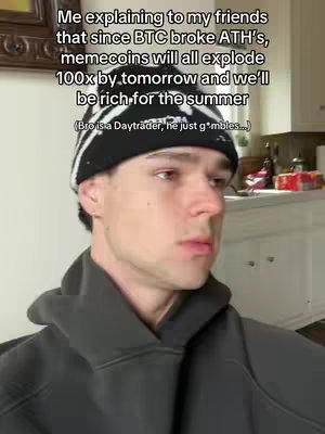 A young man with a beanie and hoodie looks down, with overlay text about meme coins and day traders.