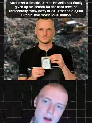 The image is a split-screen with two frames. The top frame shows a medium shot of a man holding a hard drive in front of a blurry landfill background. The man is wearing a black polo shirt. The bottom frame shows a close-up of a portion of another man’s face, facing upward and looking slightly surprised, against a black and gray grid.