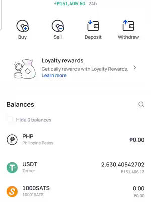 Screenshot of a mobile app interface showing account balances and trading options. Top portion shows buy, sell, deposit, and withdraw buttons. The bottom section presents balance information in Philippine Pesos (PHP), Tether (USDT), and 1000SATS.