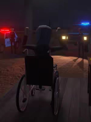 A night scene with a person in a wheelchair facing away from the camera. The person is in front of two police vehicles. The scene is dark with car lights illuminating the foreground.