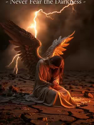 A digital artwork featuring an angel-like figure kneeling on cracked earth beneath a lightning-filled sky. The figure, with large feathered wings and a flowing gown, is the central focus, conveying a sense of vulnerability and resilience. The overall color palette is warm, dominated by shades of brown, orange, and gold, creating a dramatic and emotionally charged atmosphere.