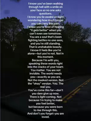 A vertical image showcasing a roadway disappearing into the distance beneath a twilight blue sky with silhouetted trees on either side. Overlaid is a poem in a clean, readable font with a light color, against the dark sky and road colors