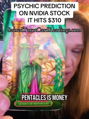 The cover image shows a person holding a tarot card with the "Queen of Pentacles" depicted. The background includes the person's face, with the card positioned in front. Text overlays at the top and bottom read "PSYCHIC PREDICTION ON NVIDIA STOCK IT HITS $310" and "PENTACLES IS MONEY".