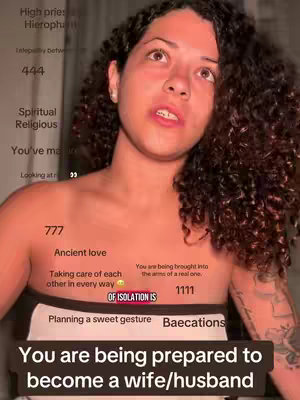 A woman with curly dark hair looks up with a slightly surprised expression. Text overlays the image, including numbers and phrases related to love and relationships.