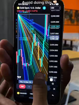 The cover image shows a person holding a smartphone displaying a trading chart of the Gold Spot/U.S. Dollar currency pair. The chart features various lines and data visualizations against a dark background. The person's finger is touching the screen, interacting with the data. The background suggests an indoors setting, possibly a cafe. Text overlay: "Avoid doing this".