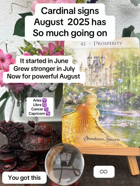 The image features a colorful, layered composition. At the top, text bubbles provide headings, with a central tarot card and a reflective crystal ball. A stylized foreground includes a red figurine and the crystal ball, a sign, a turtle, as well as pink flower arrangements. The background displays a golden path leading to a castle under a sunny sky. The overall aesthetic has a spiritual or new-age ambiance, and the image is well-lit.